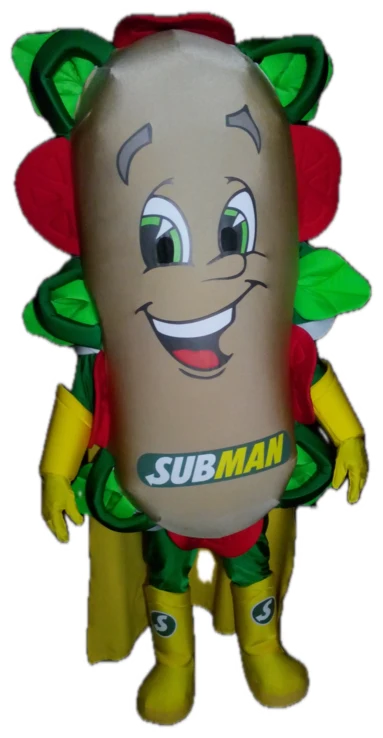 Mascotă sandviș supererou cu pelerină galbenă